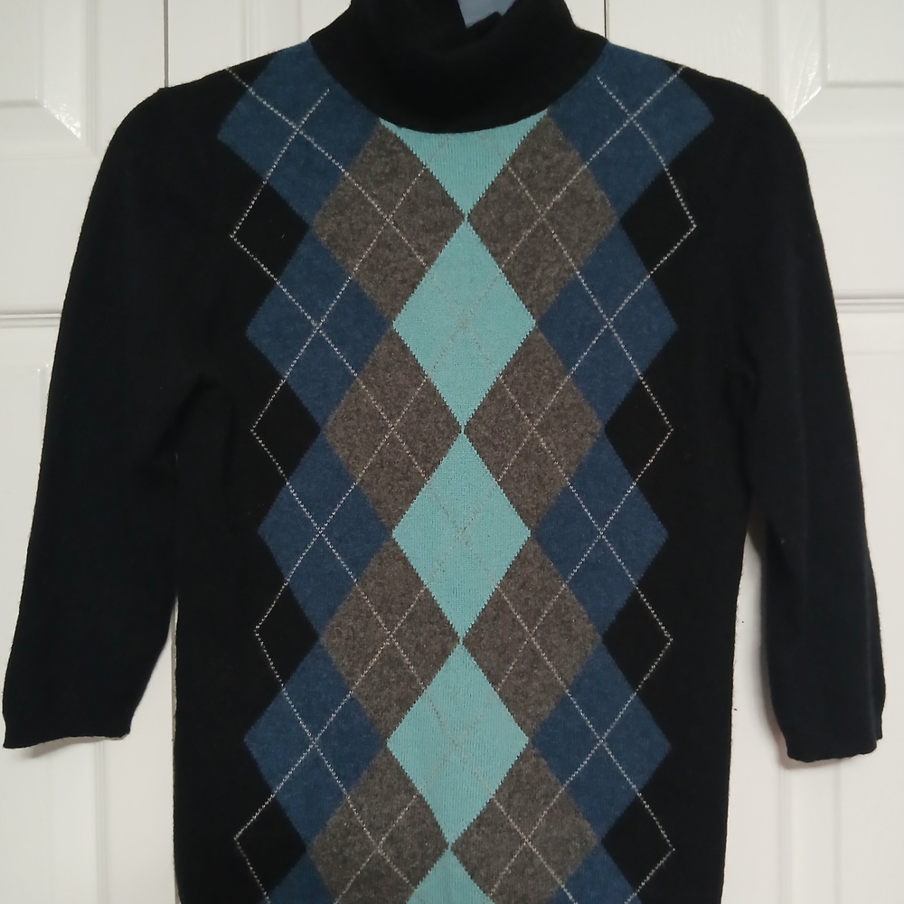 Valerie Stevens Women's 100% 2 Ply Cashmere Argyle Turtleneck Sweater M Black